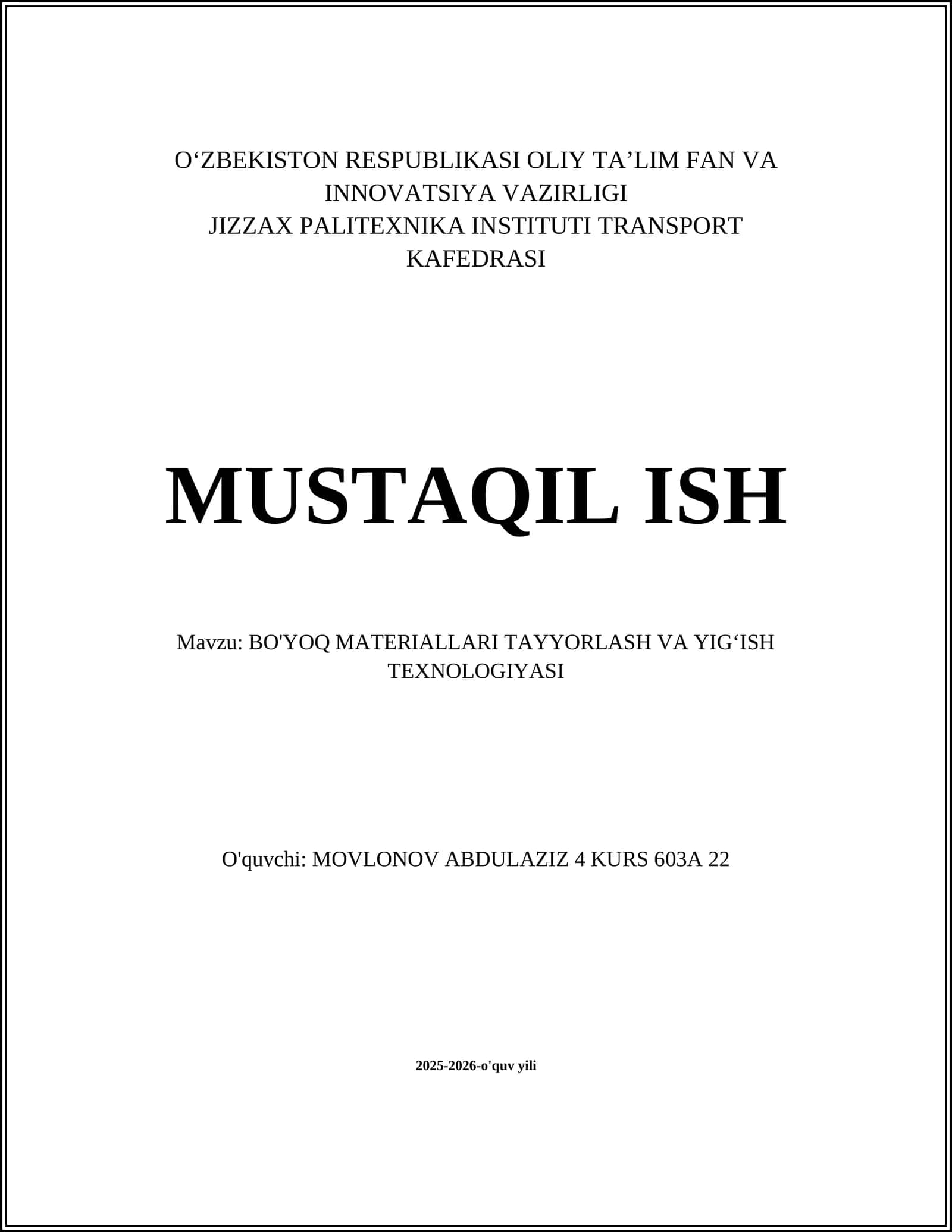 BO'YOQ MATERIALLARI TAYYORLASH VA YIG‘ISH TEXNOLOGIYASI 1