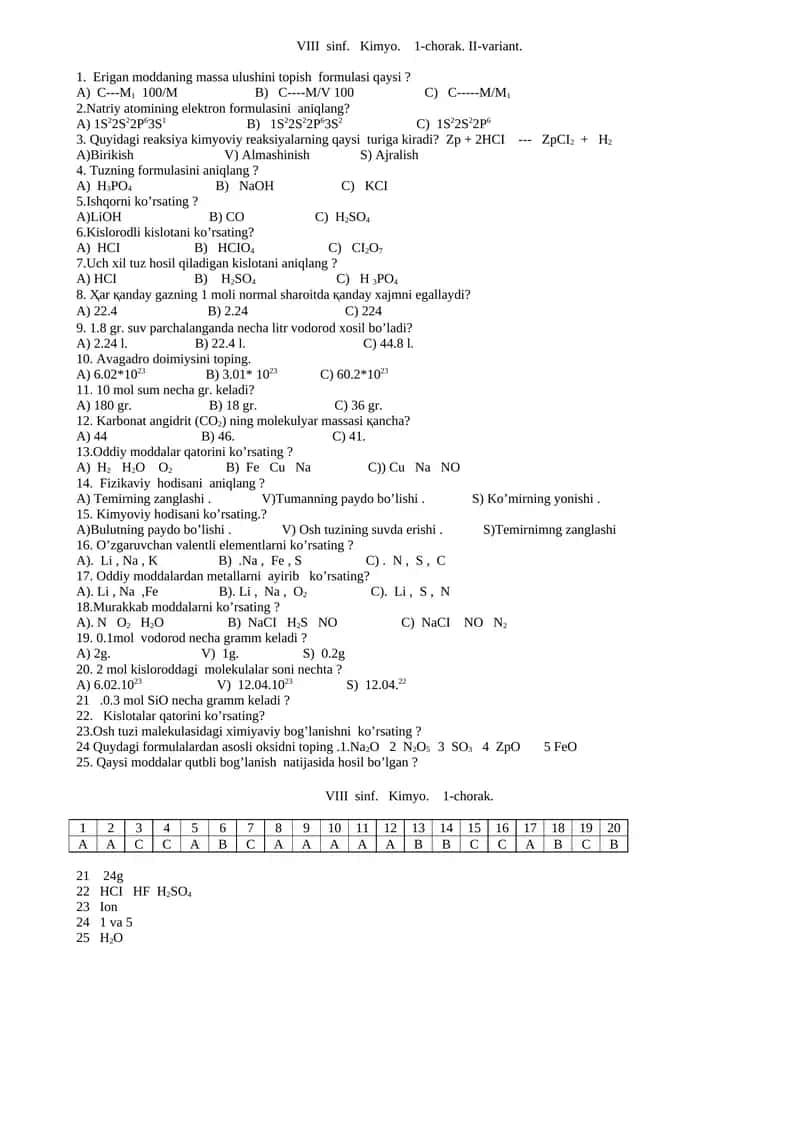VIII sinf. Kimyo. 1-chorak. II-variant 1