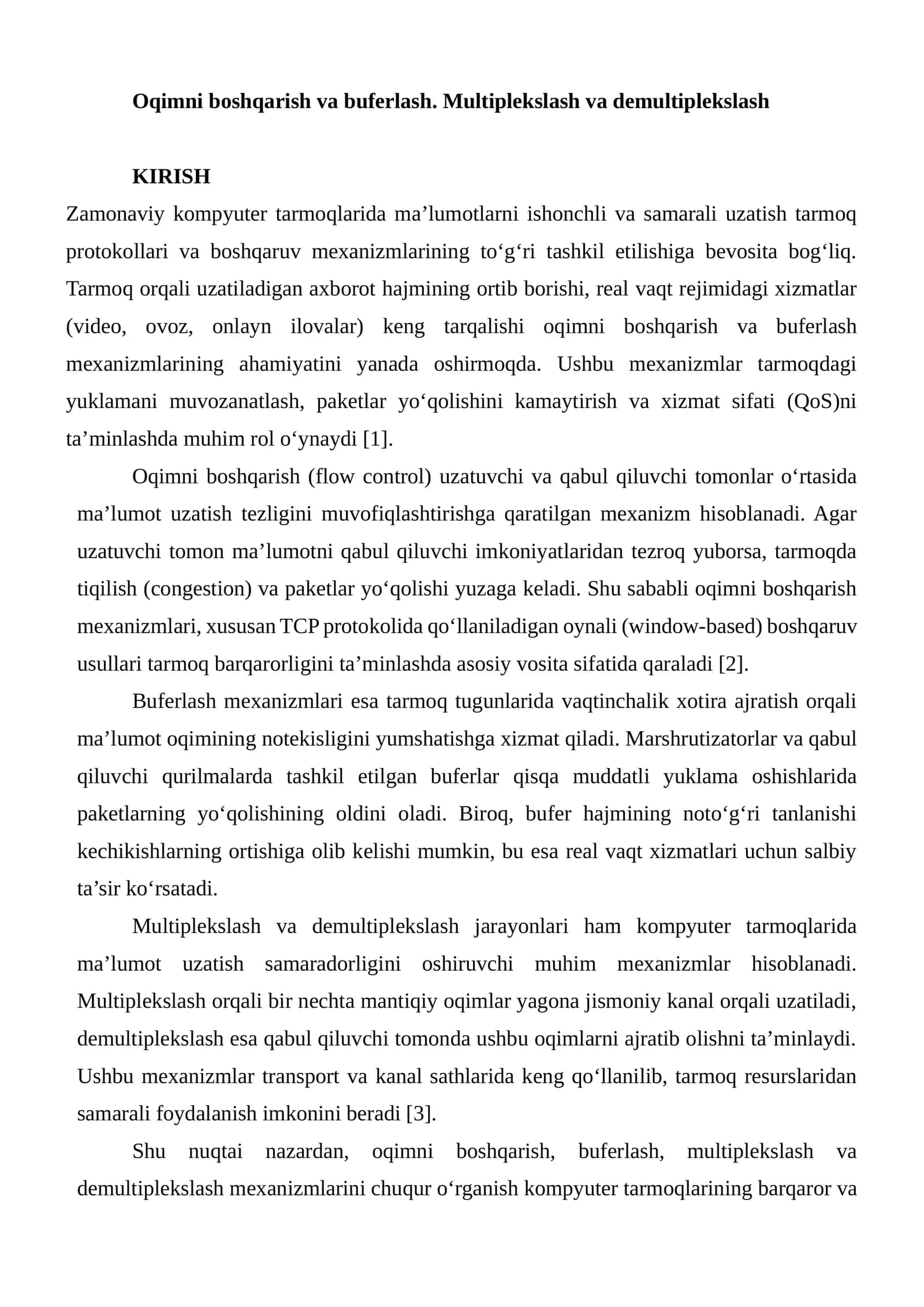 Oqimni boshqarish va buferlash. Multiplekslash va demultiplekslash 1