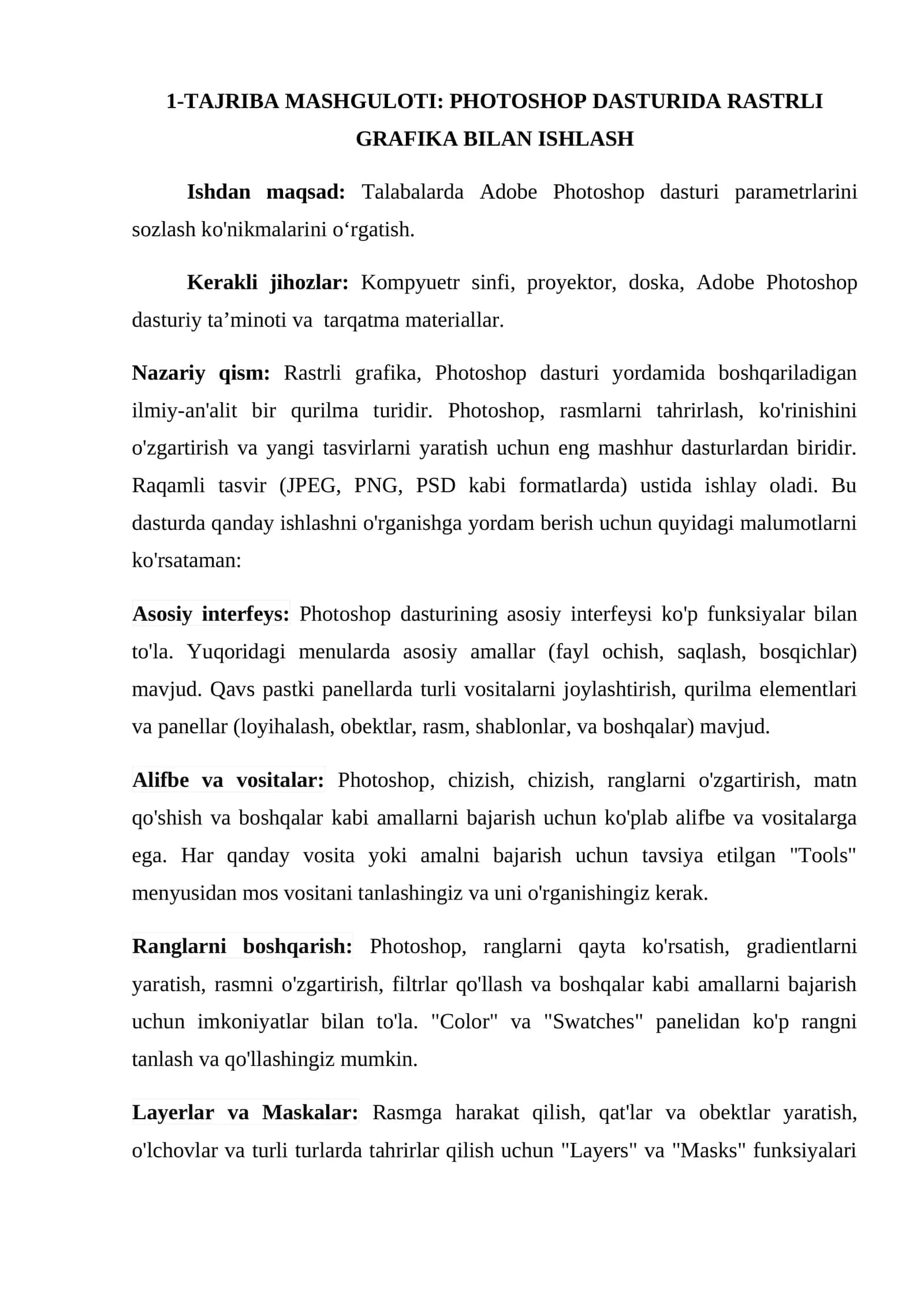 TAJRIBA MASHGULOTI: PHOTOSHOP DASTURIDA RASTRLI GRAFIKA BILAN ISHLASH 1