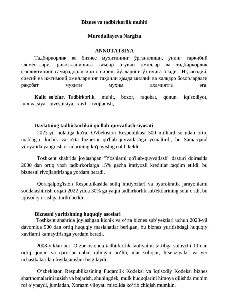 Biznes va tadbirkorlik muhiti 1