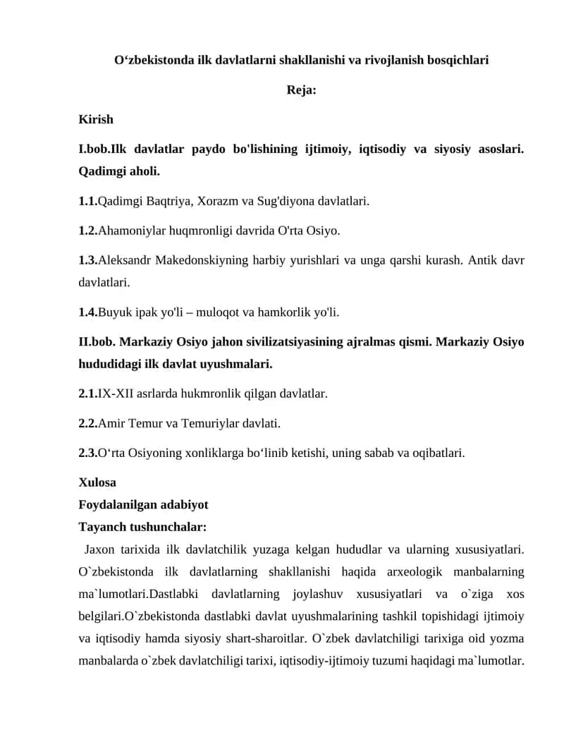 O‘zbekistonda ilk davlatlarni shakllanishi va rivojlanish bosqichlari 1