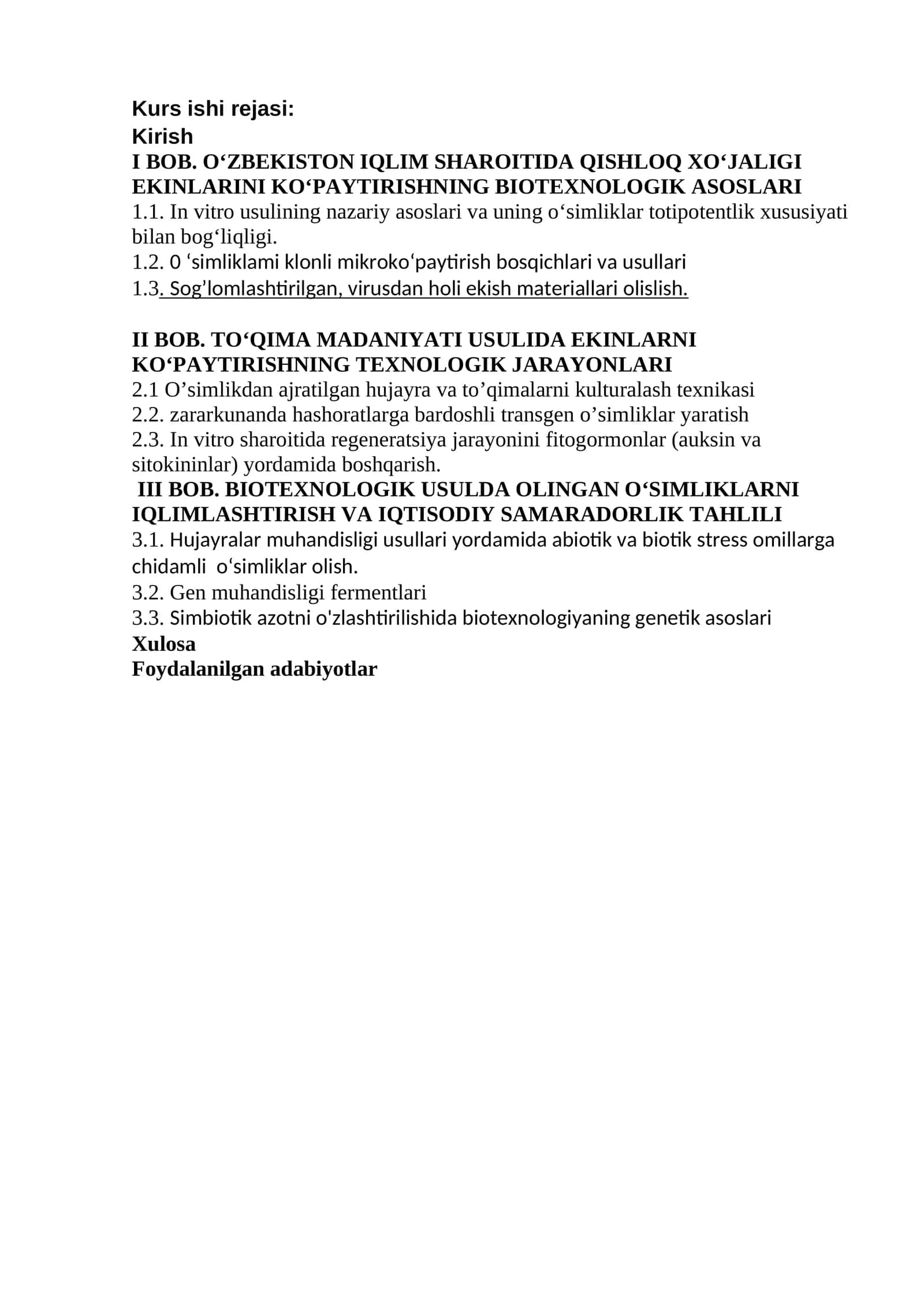 Biotexnologik usullar yordamida Oʻzbekiston iqlimiga mos boʻlgan qishloq xoʻjaligi ekinlarini yetish 1