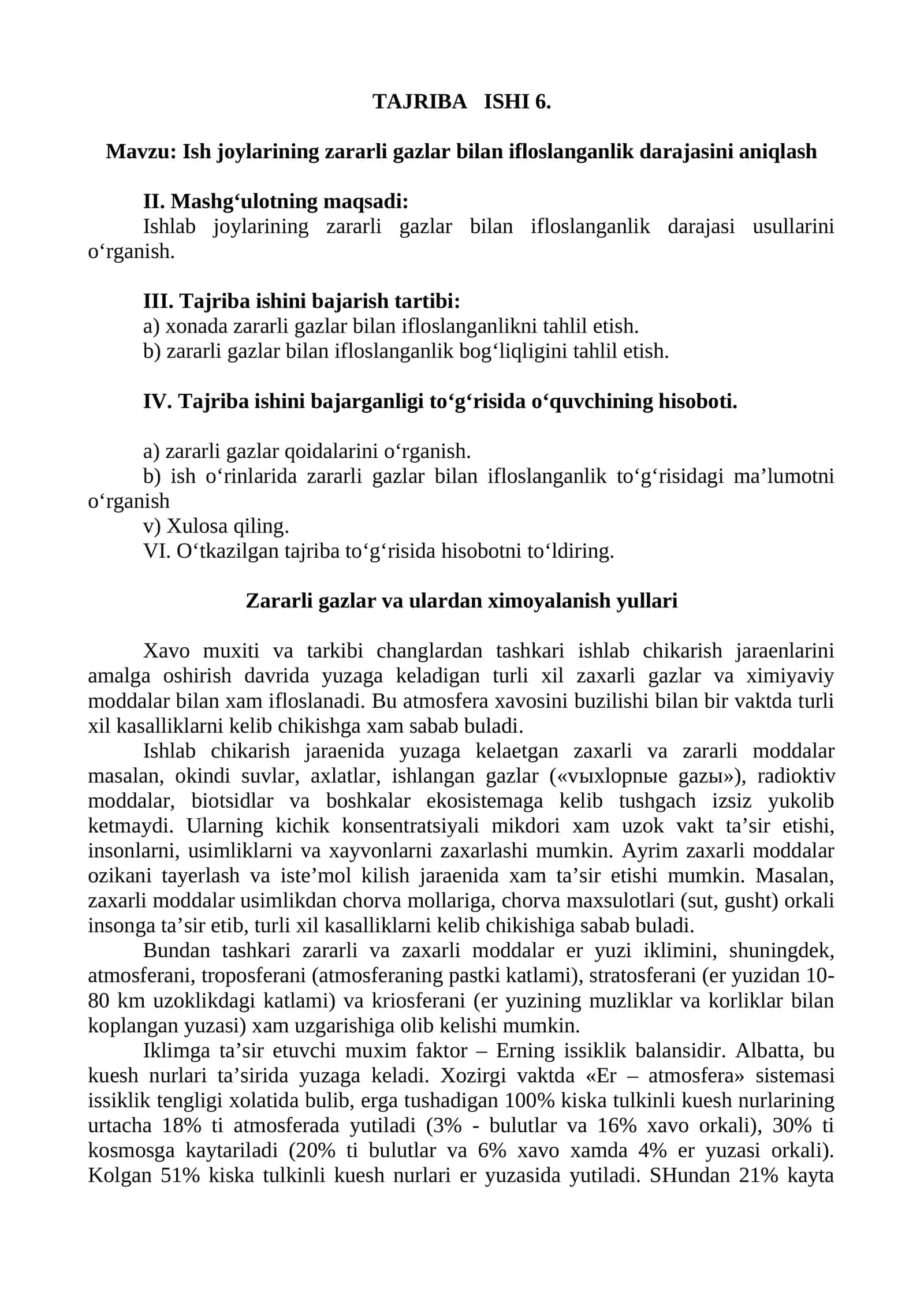 TAJRIBA ISHI 6. Mavzu: Ish joylarining zararli gazlar bilan ifloslanganlik darajasini aniqlash 1