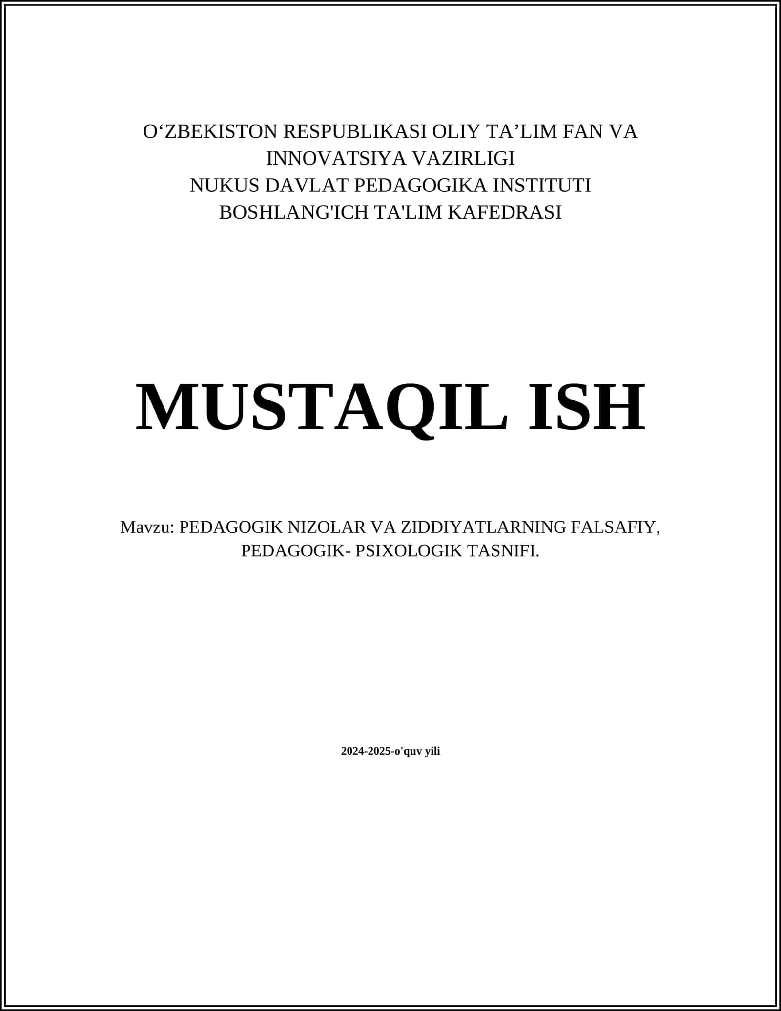 PEDAGOGIK NIZOLAR VA ZIDDIYATLARNING FALSAFIY, PEDAGOGIK- PSIXOLOGIK TASNIFI 1