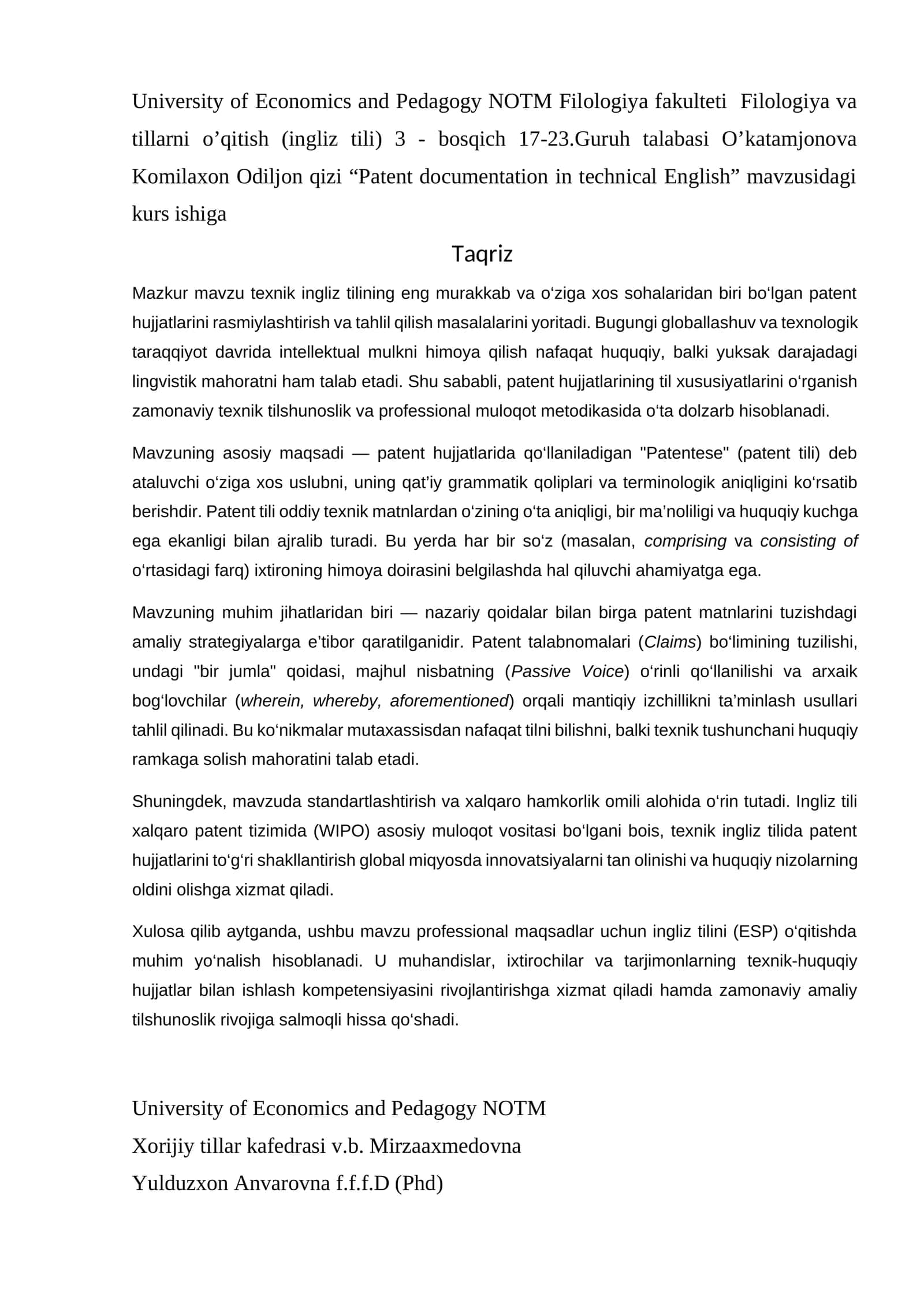 “Patent documentation in technical English” mavzusidagi kurs ishi 1