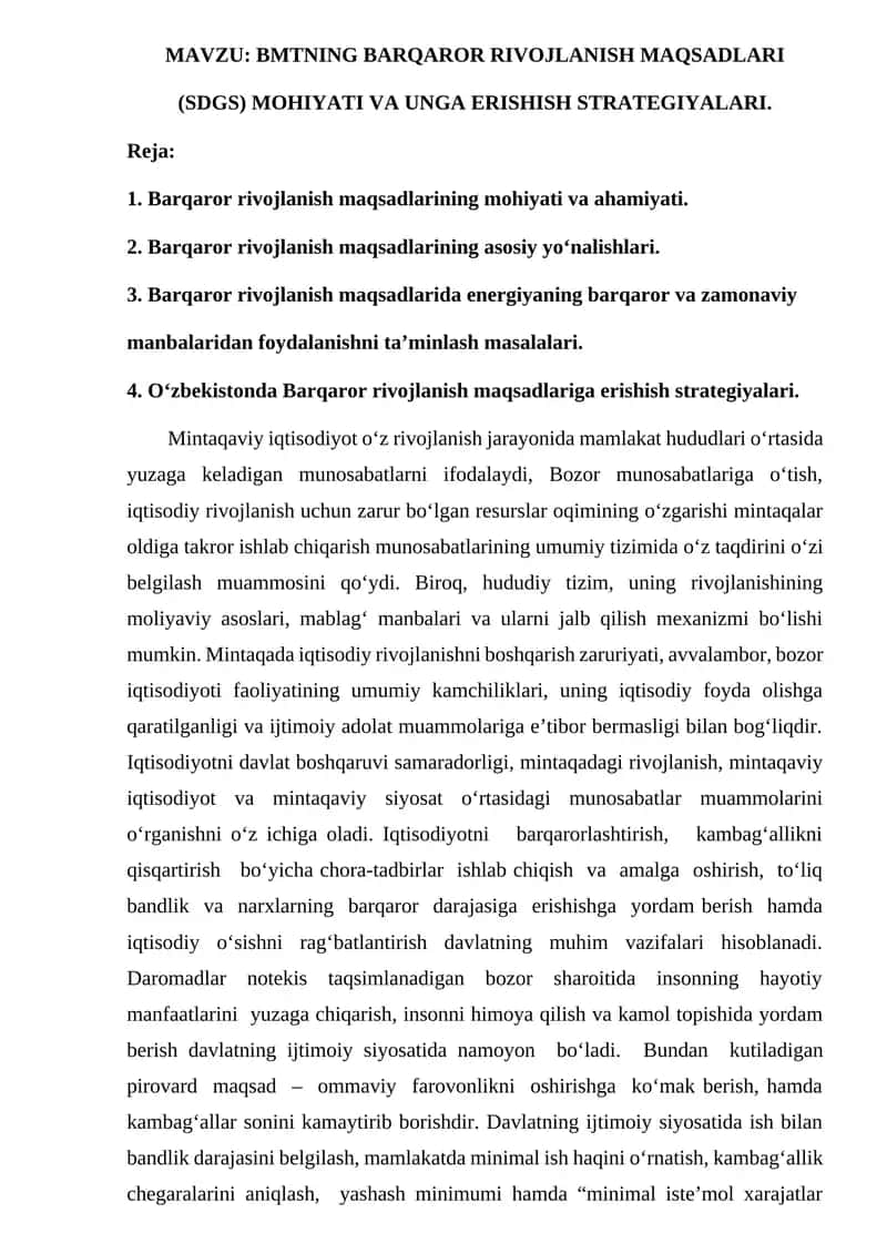 BMTNING BARQAROR RIVOJLANISH MAQSADLARI (SDGS) MOHIYATI VA UNGA ERISHISH STRATEGIYALARI. 1