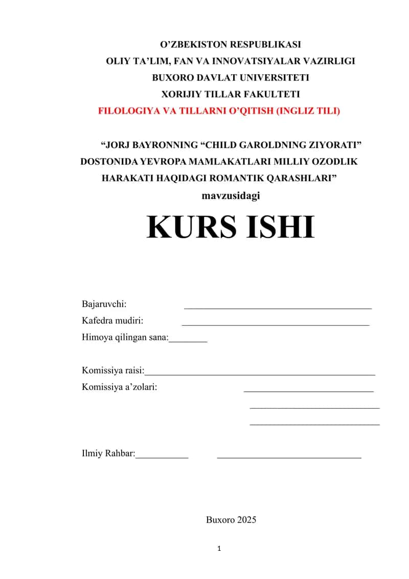 JORJ BAYRONNING “CHILD GAROLDNING ZIYORATI” DOSTONIDA YEVROPA MAMLAKATLARI MILLIY OZODLIK HARAKATI HAQIDAGI ROMANTIK QARASHLARI 1
