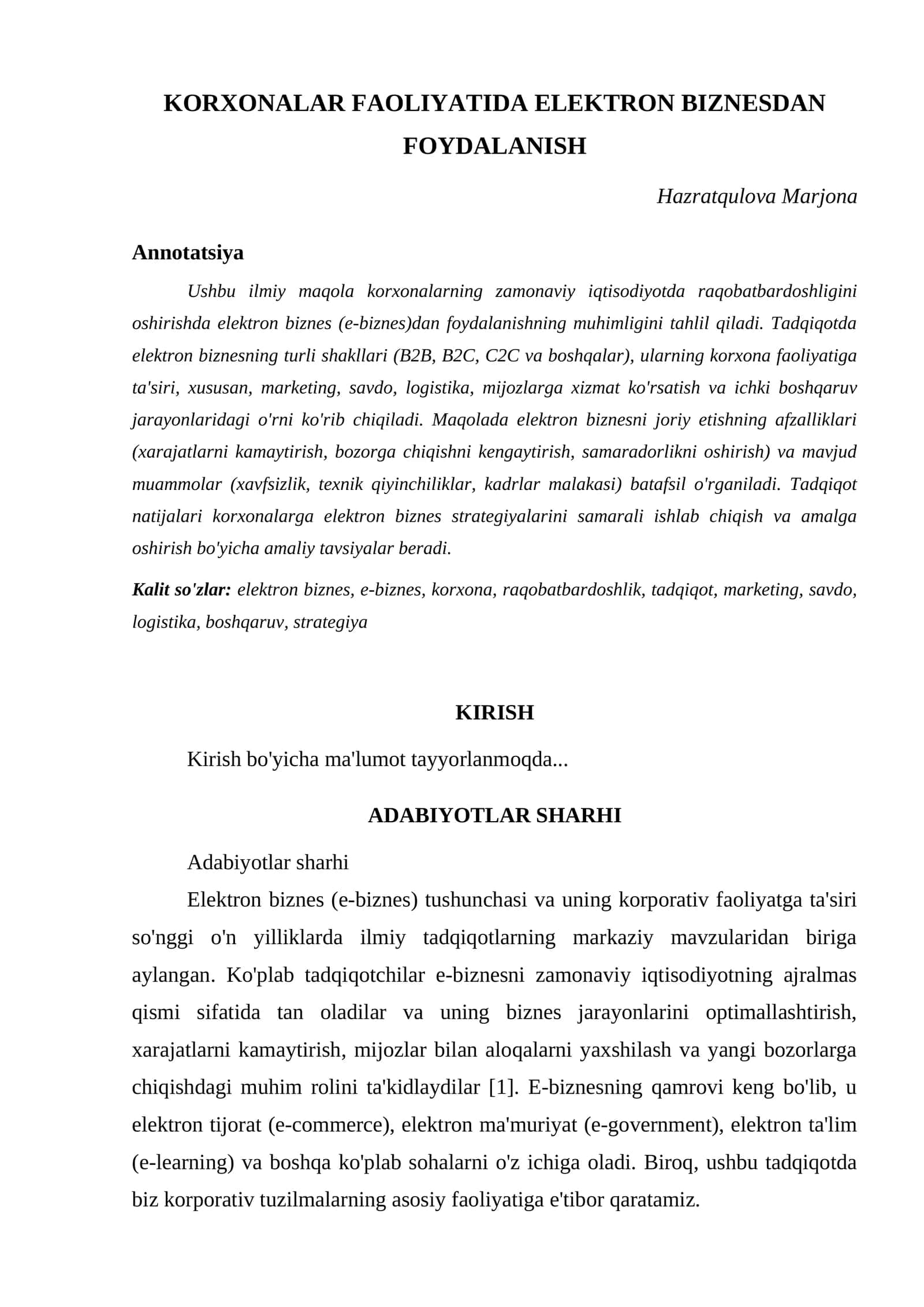KORXONALAR FAOLIYATIDA ELEKTRON BIZNESDAN FOYDALANISH 1
