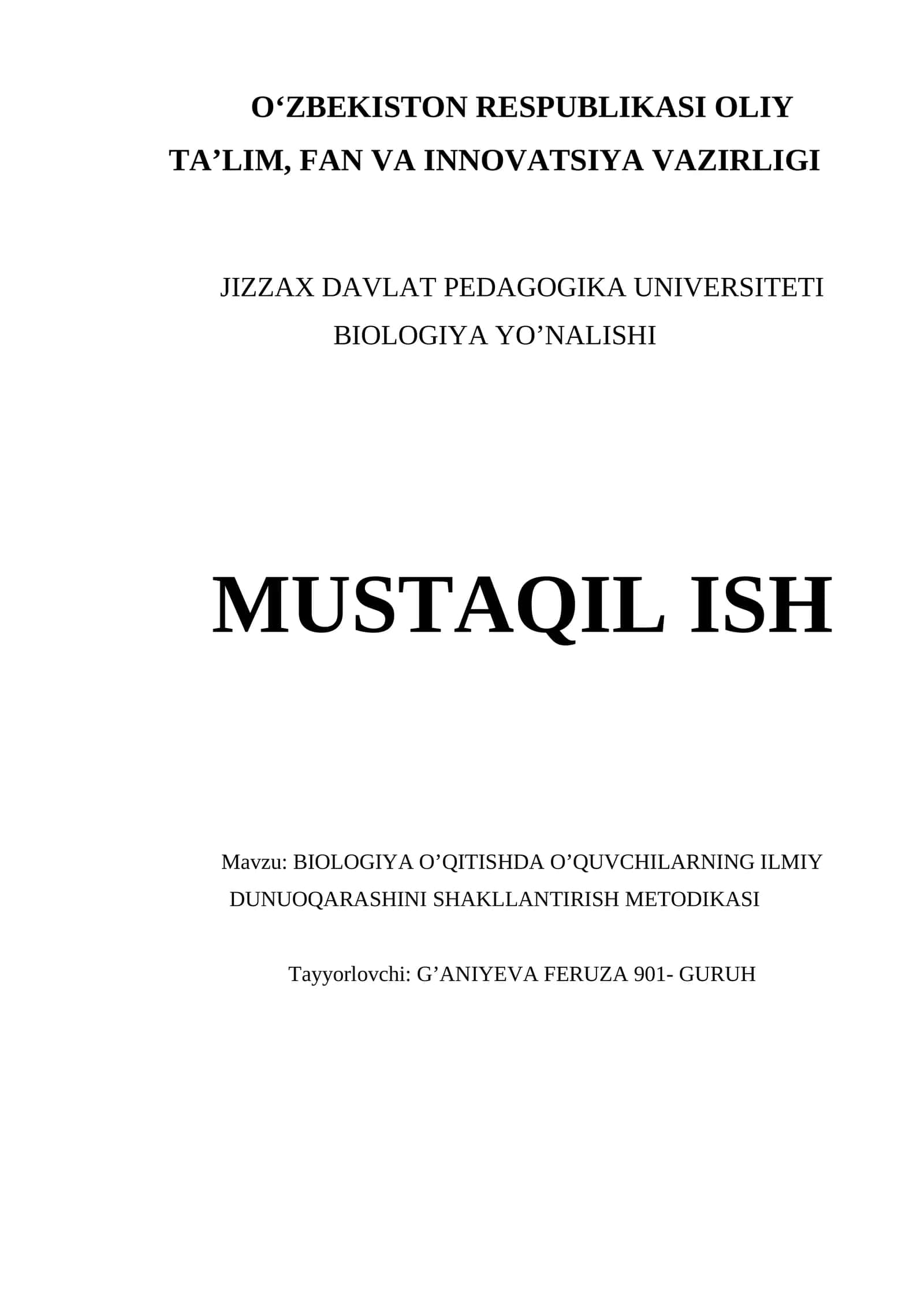 BIOLOGIYA O’QITISHDA O’QUVCHILARNING ILMIY DUNUOQARASHINI SHAKLLANTIRISH METODIKASI 1