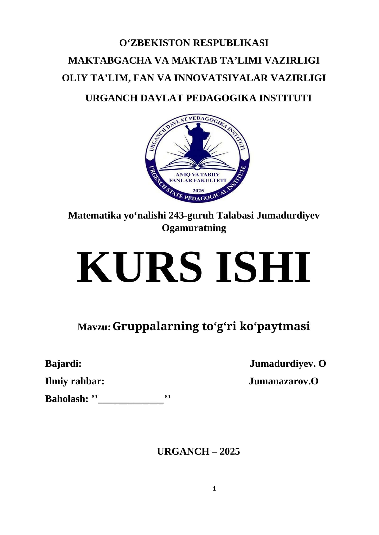 Algebra. GRUPPALARNING TOGRI KOPAYTMASI 1