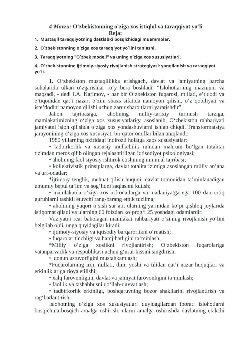 O‘zbekistonning o`ziga xos istiqlol va taraqqiyot yo‘li 1