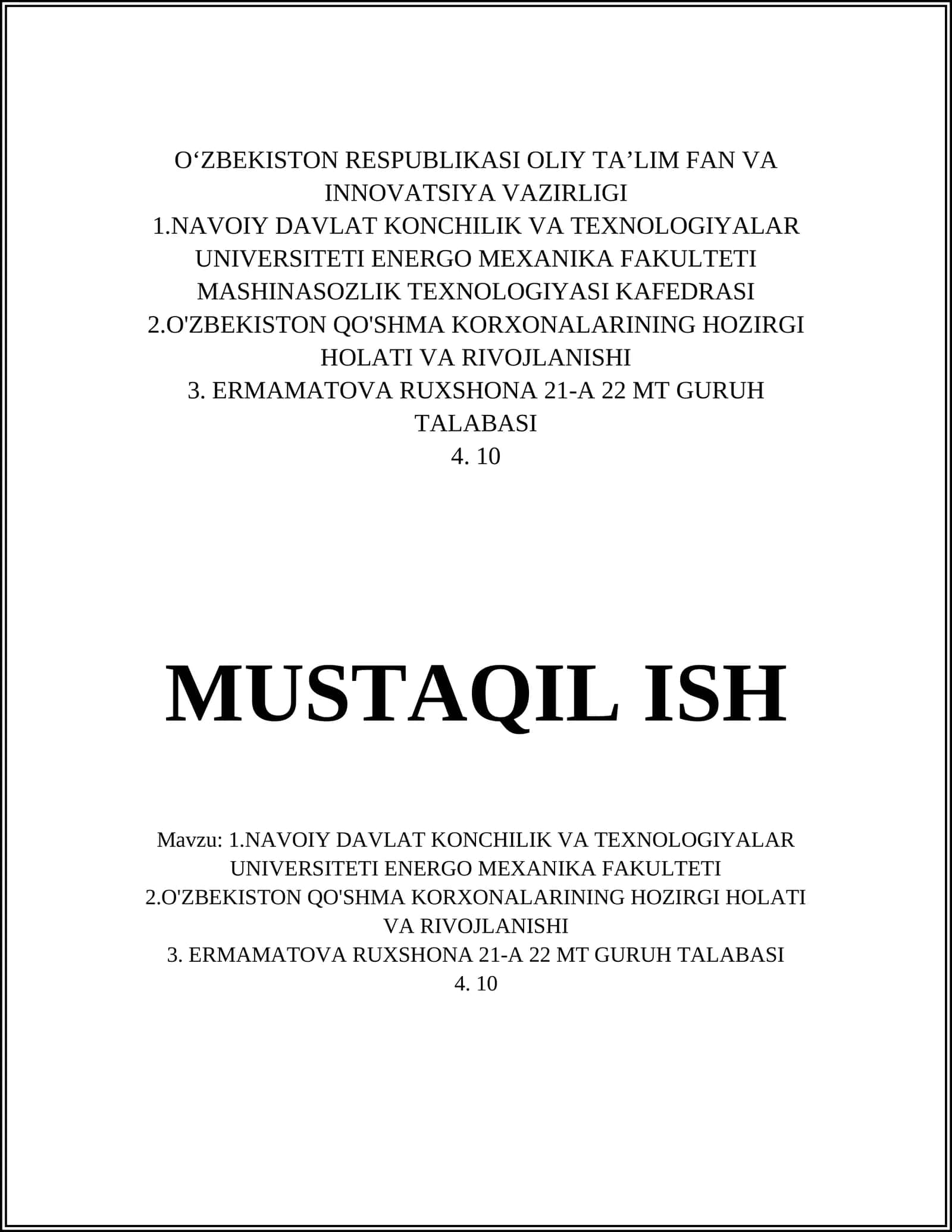 Navoiy Davlat Konchilik va Texnologiyalar Universiteti Energo MEXanika Fakulteti 1