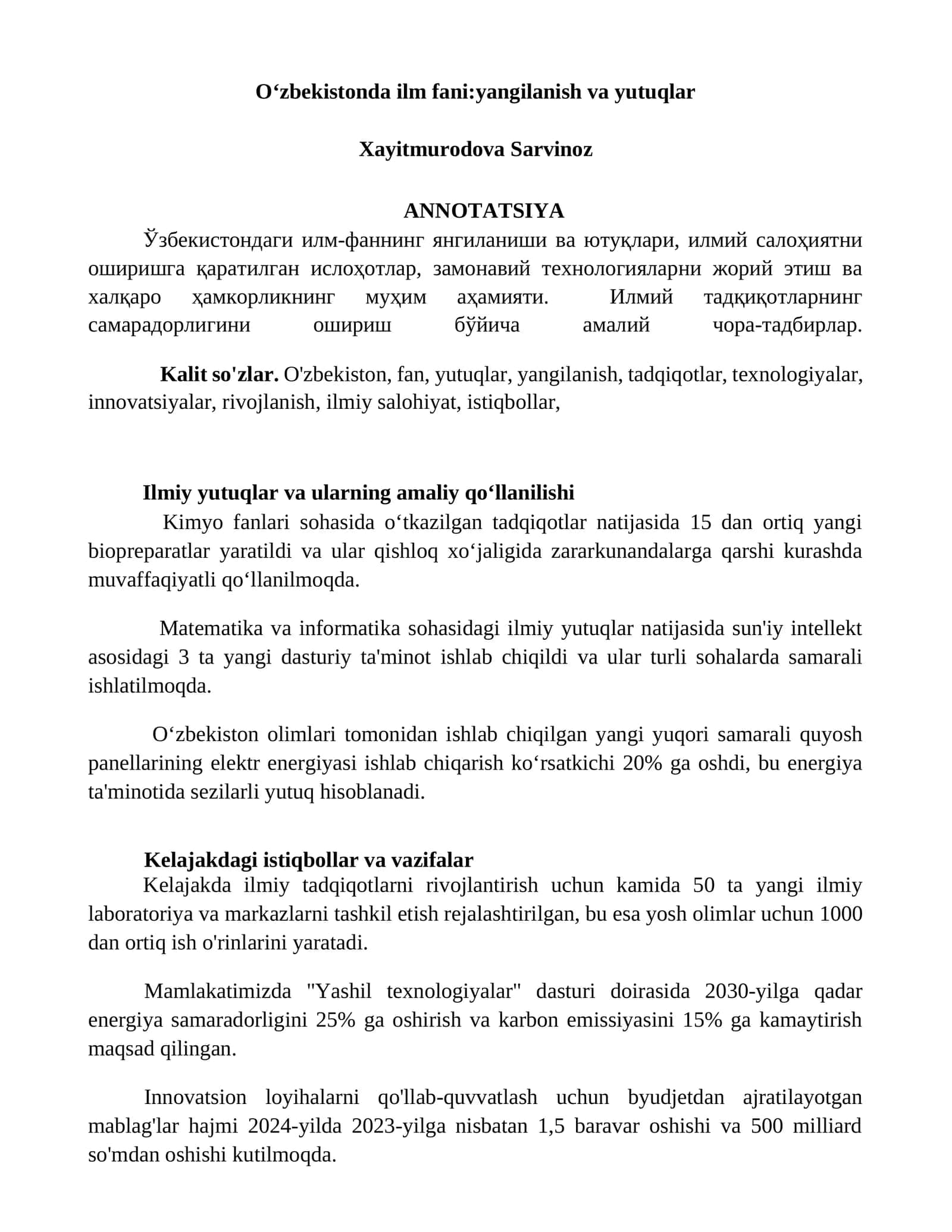 Oʻzbekistonda ilm fani: yangilanish va yutuqlar 1