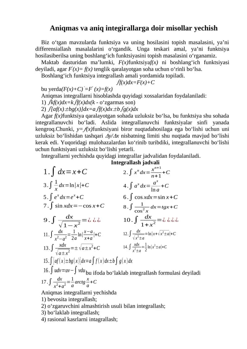 Aniqmas va aniq integirallarga doir misollar yechish 1