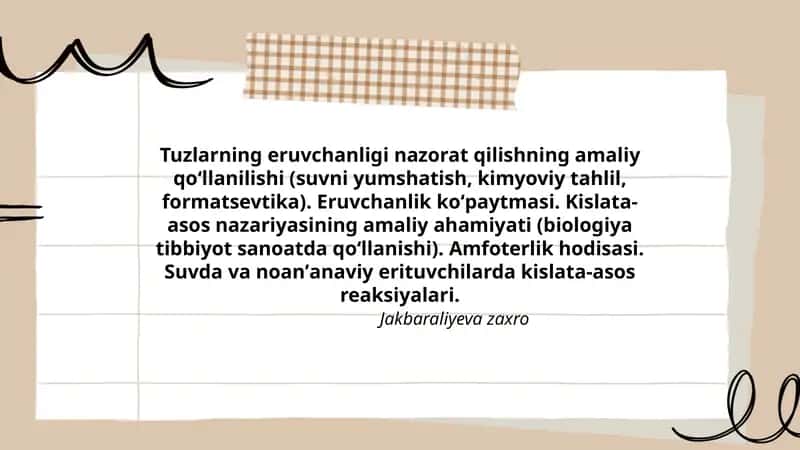 Tuzlarning eruvchanligi nazorat qilishning amaliy qoʻllanilishi 1