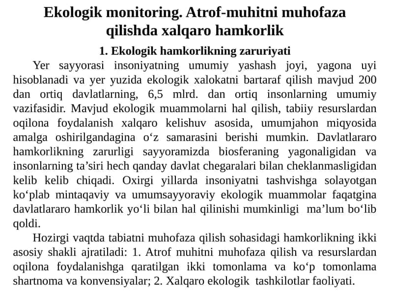 Ekologik monitoring. Atrof-muhitni muhofaza qilishda xalqaro hamkorlik 1