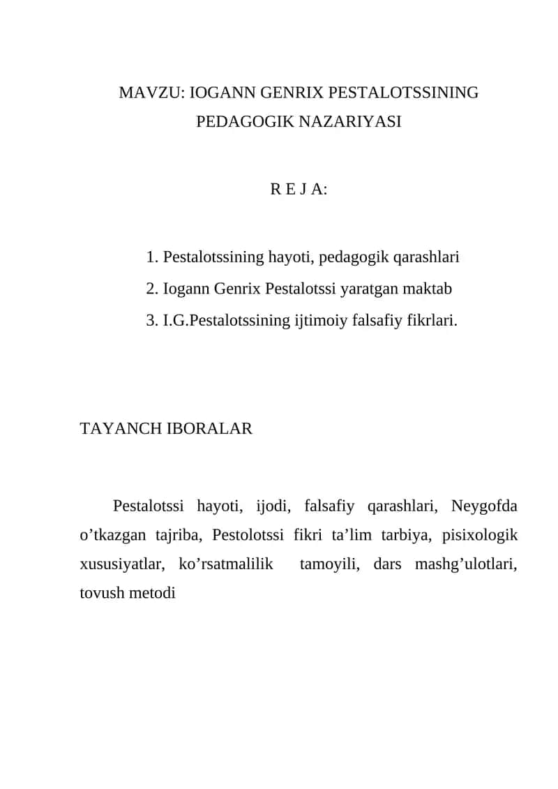 IOGANN GENRIX PESTALOTSSINING PEDAGOGIK NAZARIYASI 1