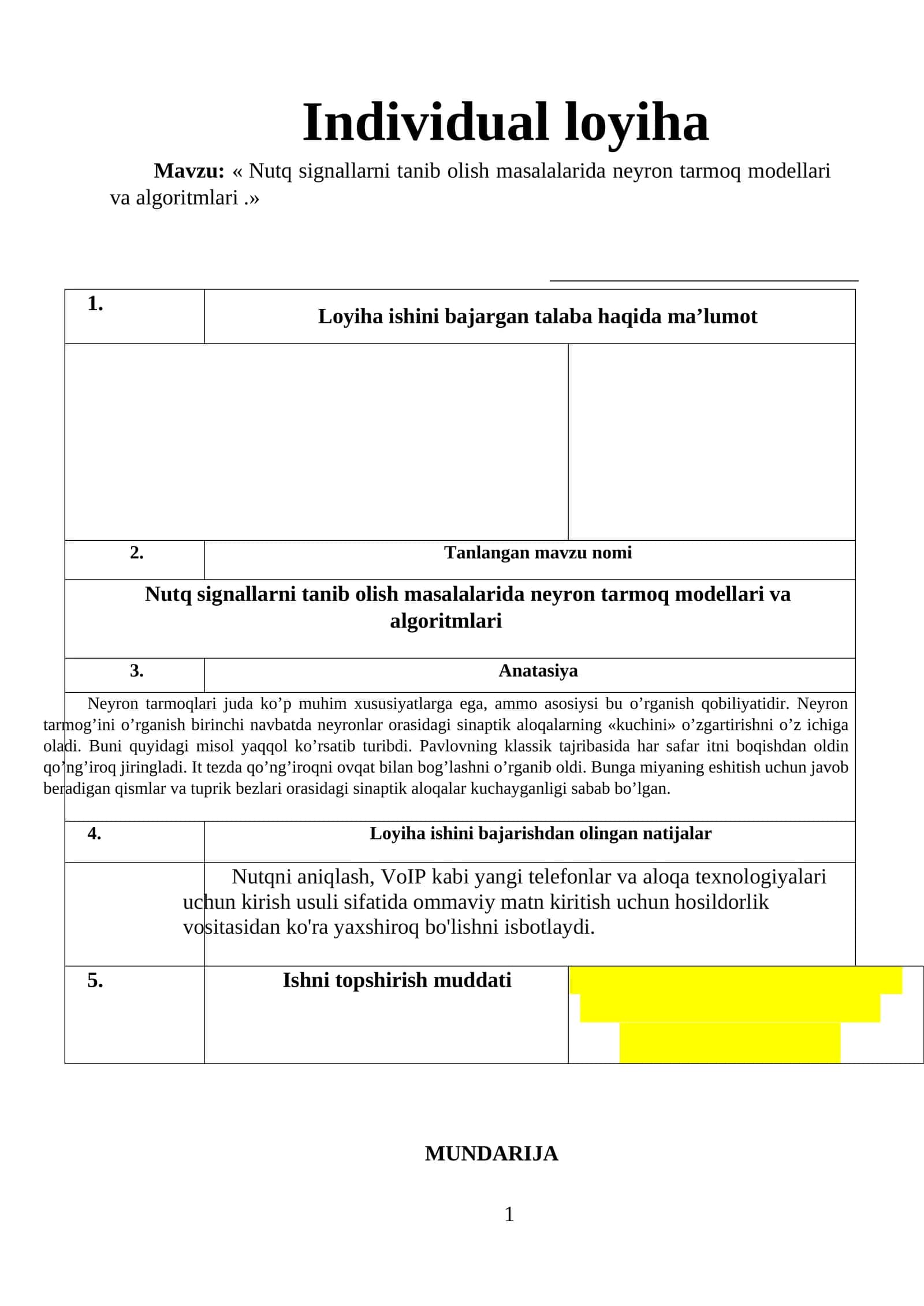 Nutq signallarni tanib olish masalalarida neyron tarmoq modellari va algoritmlari 1