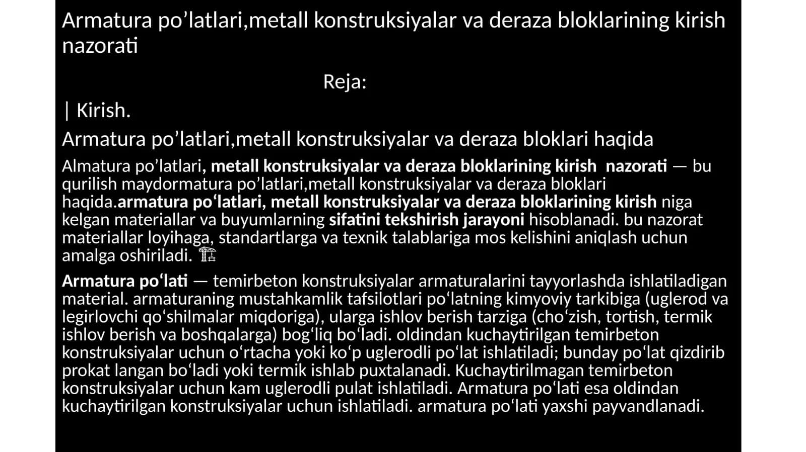 Armaturapo’latlari, metallkonstruksiyalar va dera zabloklarining kirish nazorati 1