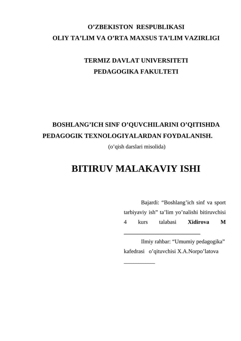 Bajardi: “Boshlang’ich sinf va sport tarbiyaviy ish” ta’lim yo’nalishi bitiruvchisi 4 kurs talabasi Xidirova M 1