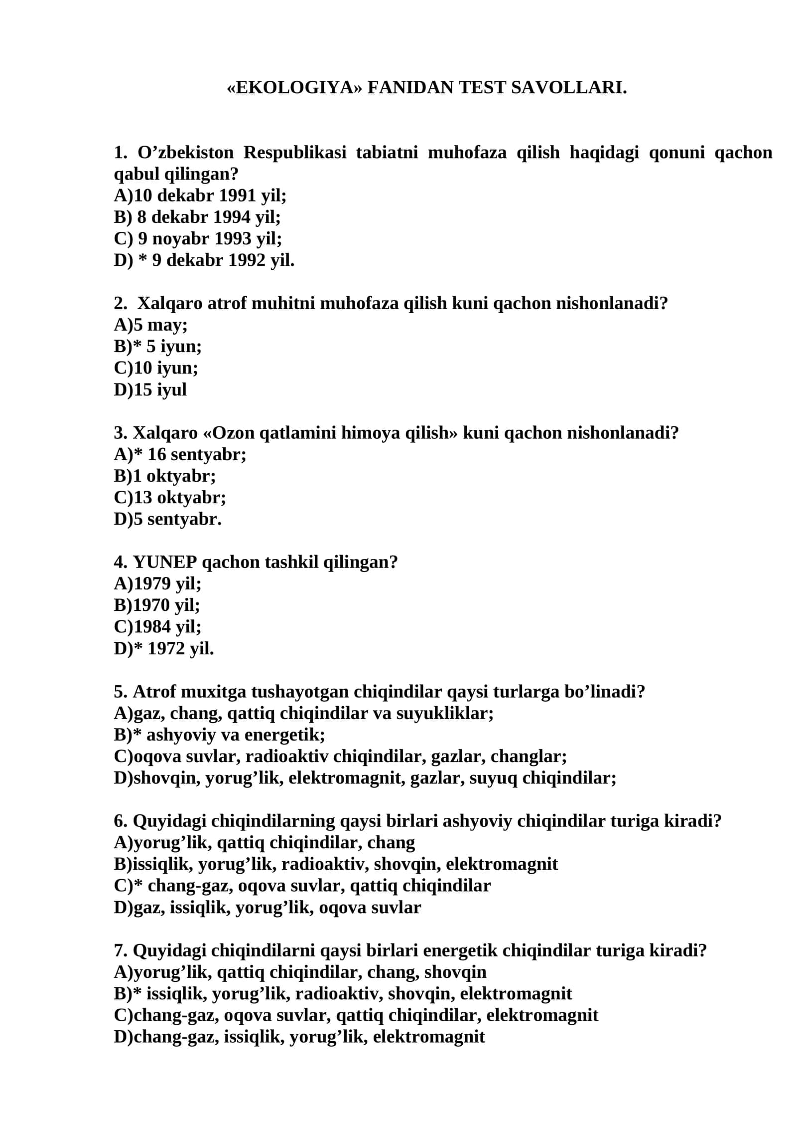 EKOLOGIYA FANIDAN TEST SAVOLLARI 1
