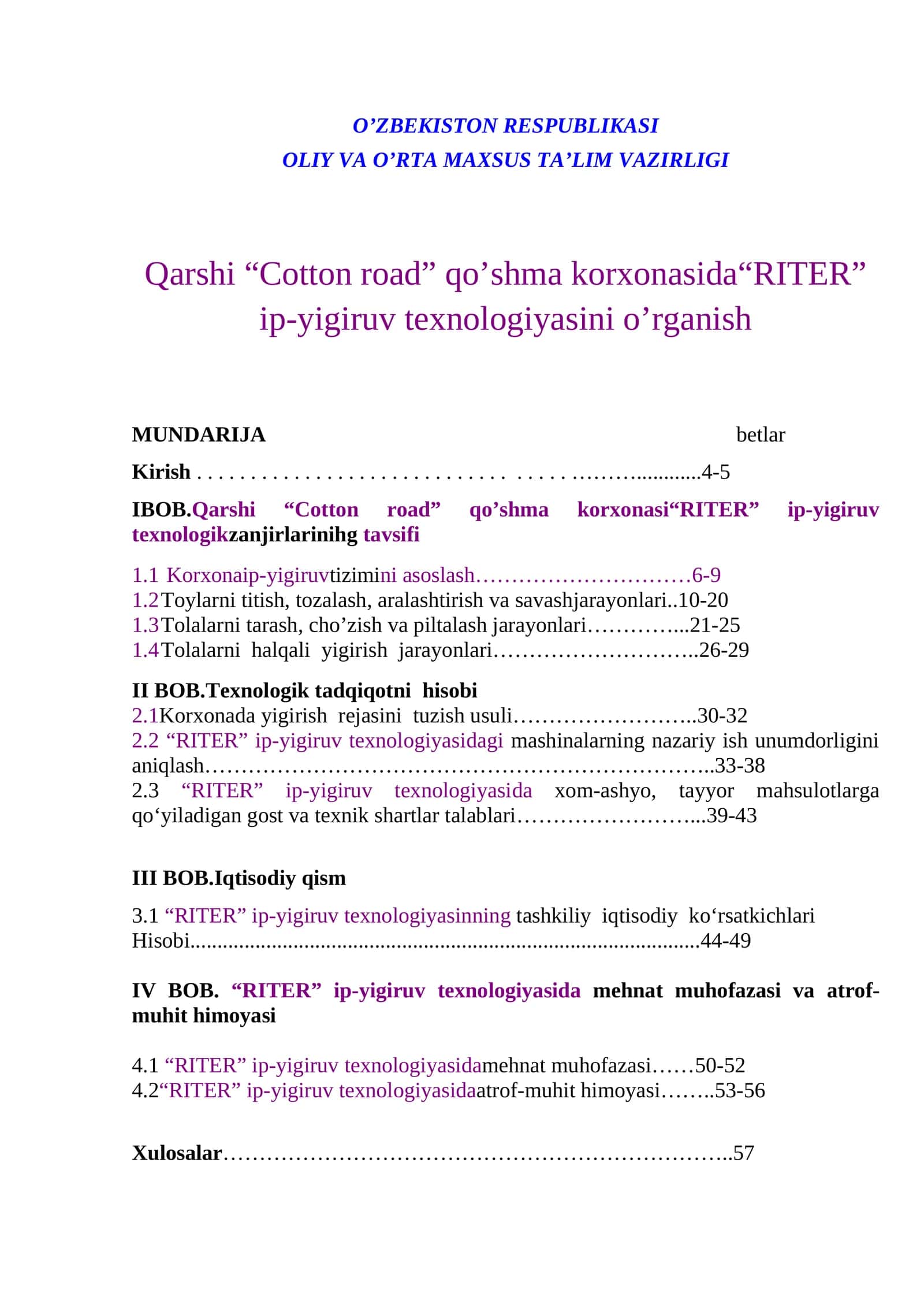 Qarshi “Cotton road” qo’shma korxonasida“RITER” ip-yigiruv texnologiyasini o’rganish 1