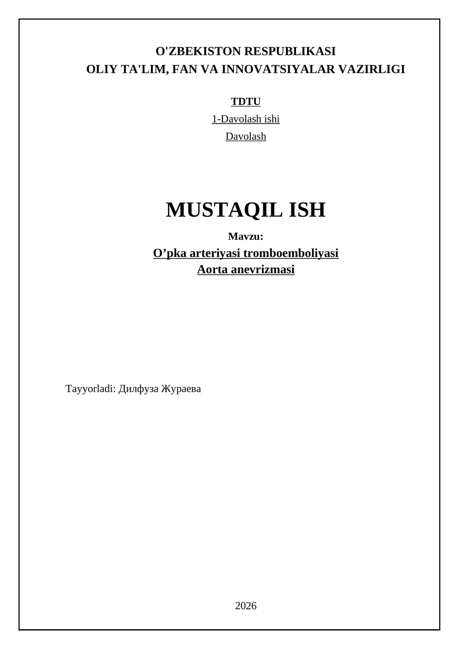 O'pka arteriyasi tromboemboliyasi va aorta anevrizmasi 1