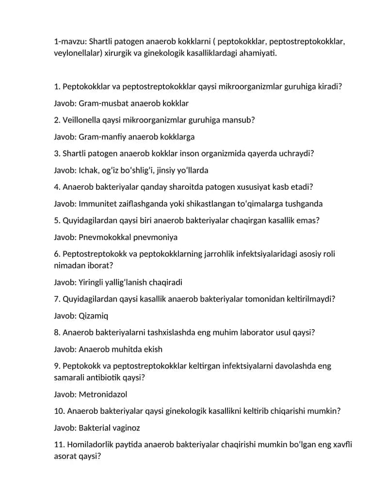 Shartli patogen anaerob kokklarni ( peptokokklar, peptostreptokokklar, veylonellalar) 1