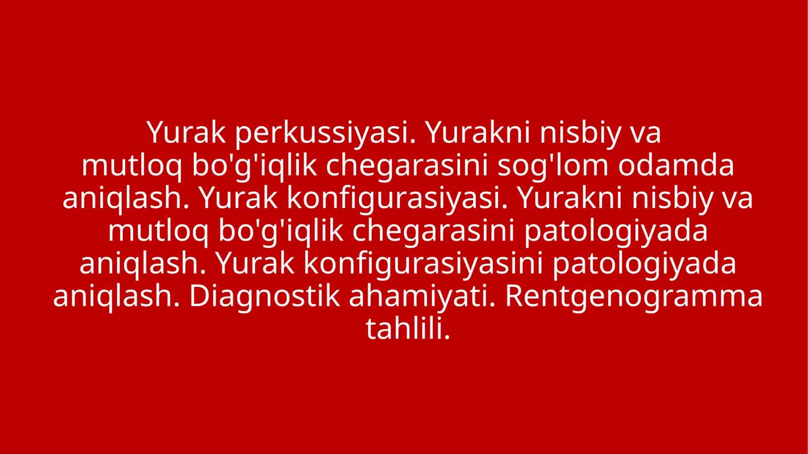 Yurak perkussiyasi. Yurakni nisbiy va mutloq bo'g'iqlik chegarasini sog'lom odamda aniqlash. Yurak konfigurasiyasi. 1