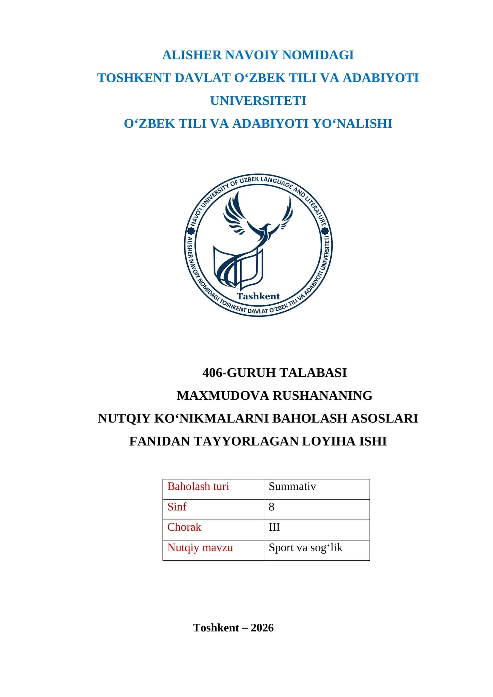 Maxmudova Rushananing Nutqiy Ko‘nikmalarni Baholash Asoslari 1