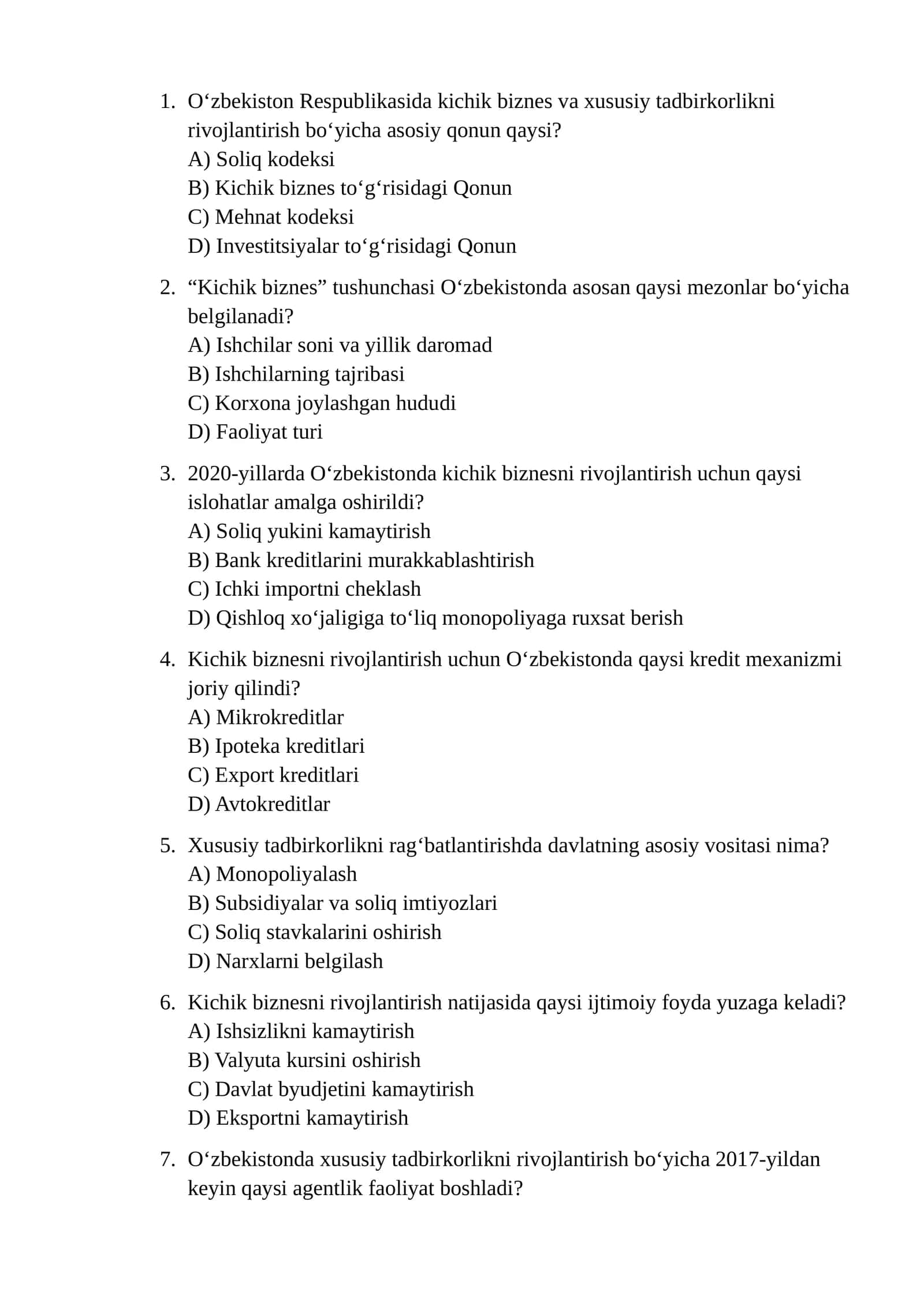 Kichik biznes va xususiy tadbirkorlikni rivojlantirish bo‘yicha asosiy qonun qaysi? 1