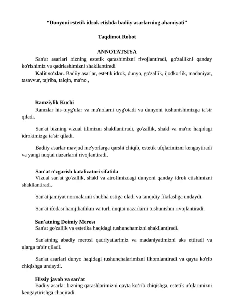 Dunyoni estetik idrok etishda badiiy asarlarning ahamiyati 1