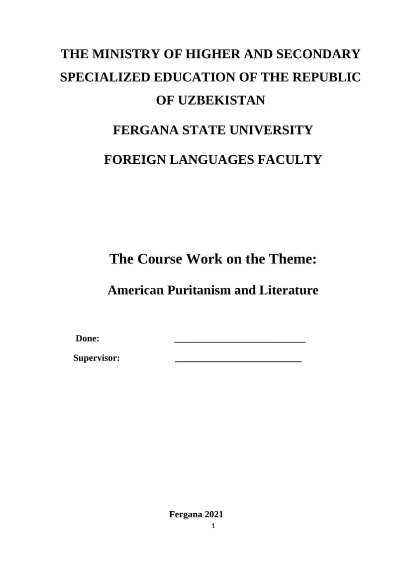 American Puritanism and Literature 1