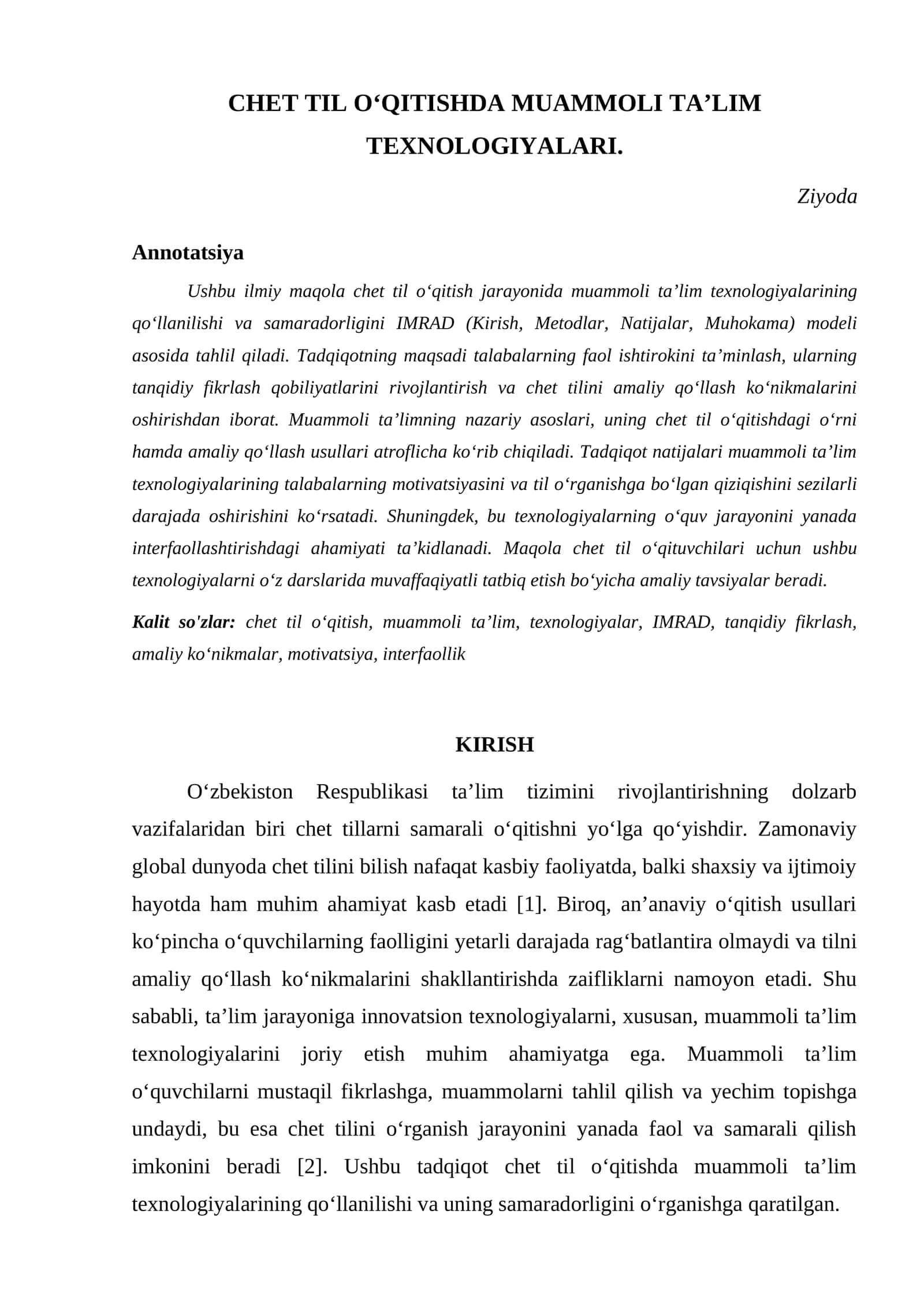 CHET TIL O‘QITISHDA MUAMMOLI TA’LIM TEXNOLOGIYALARI 1