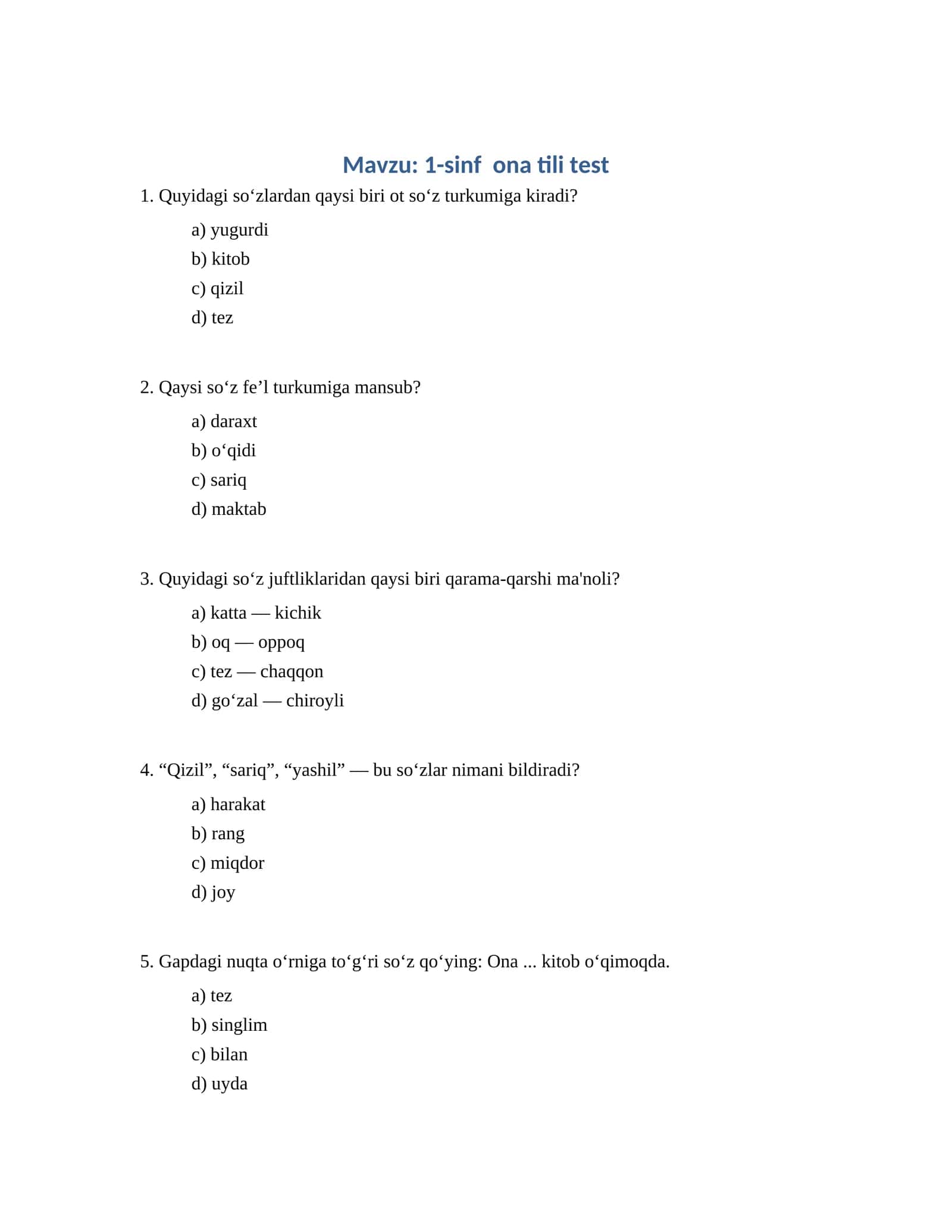 1-sinf ona tili test 1