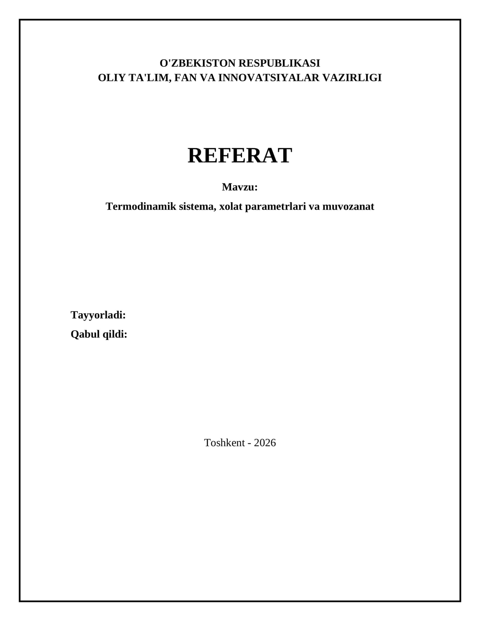 Termodinamik sistema, xolat parametrlari va muvozanat 1