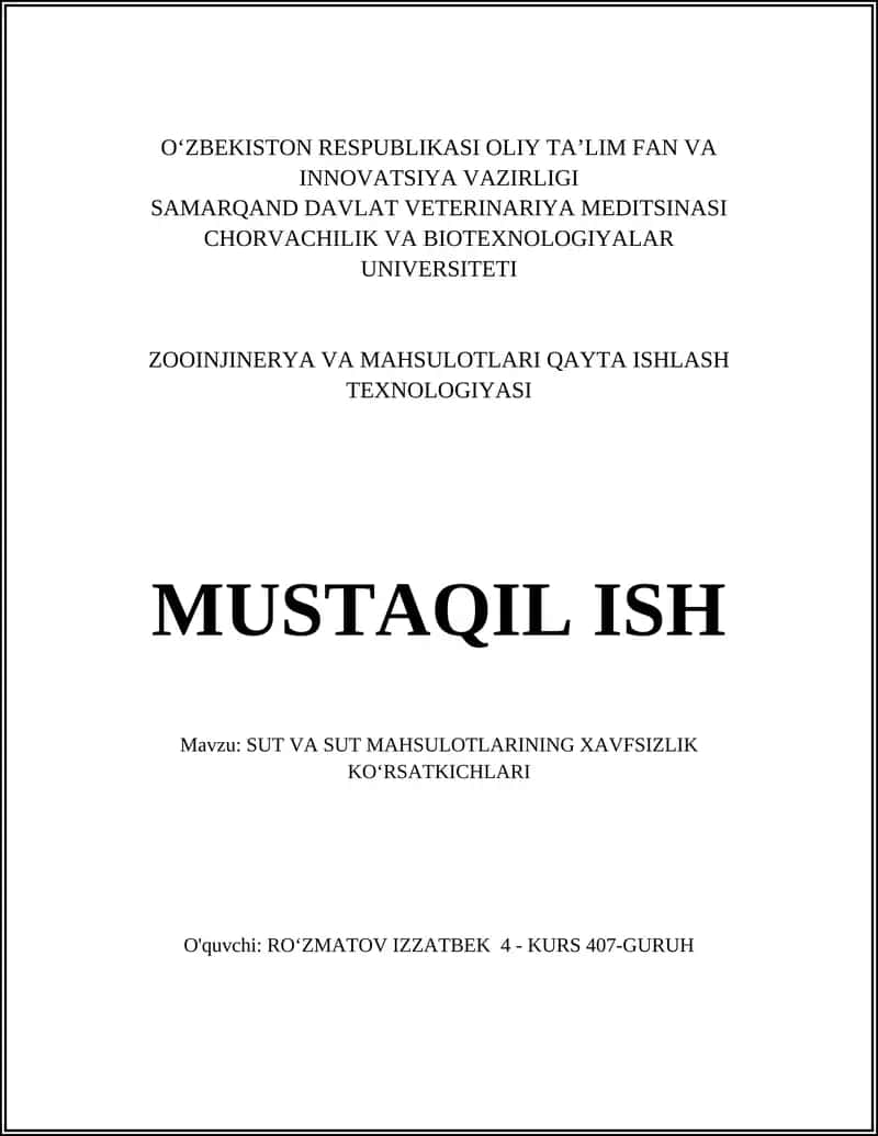 SUT VA SUT MAHSULOTLARINING XAVFSIZLIK KOʻRSATKICHLARI 1
