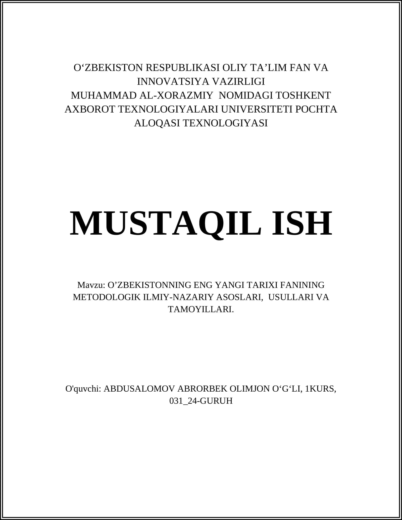 O‘zbekistonning eng yangi tarixi fanining metodologik ilmiy-nazariy asoslari 1