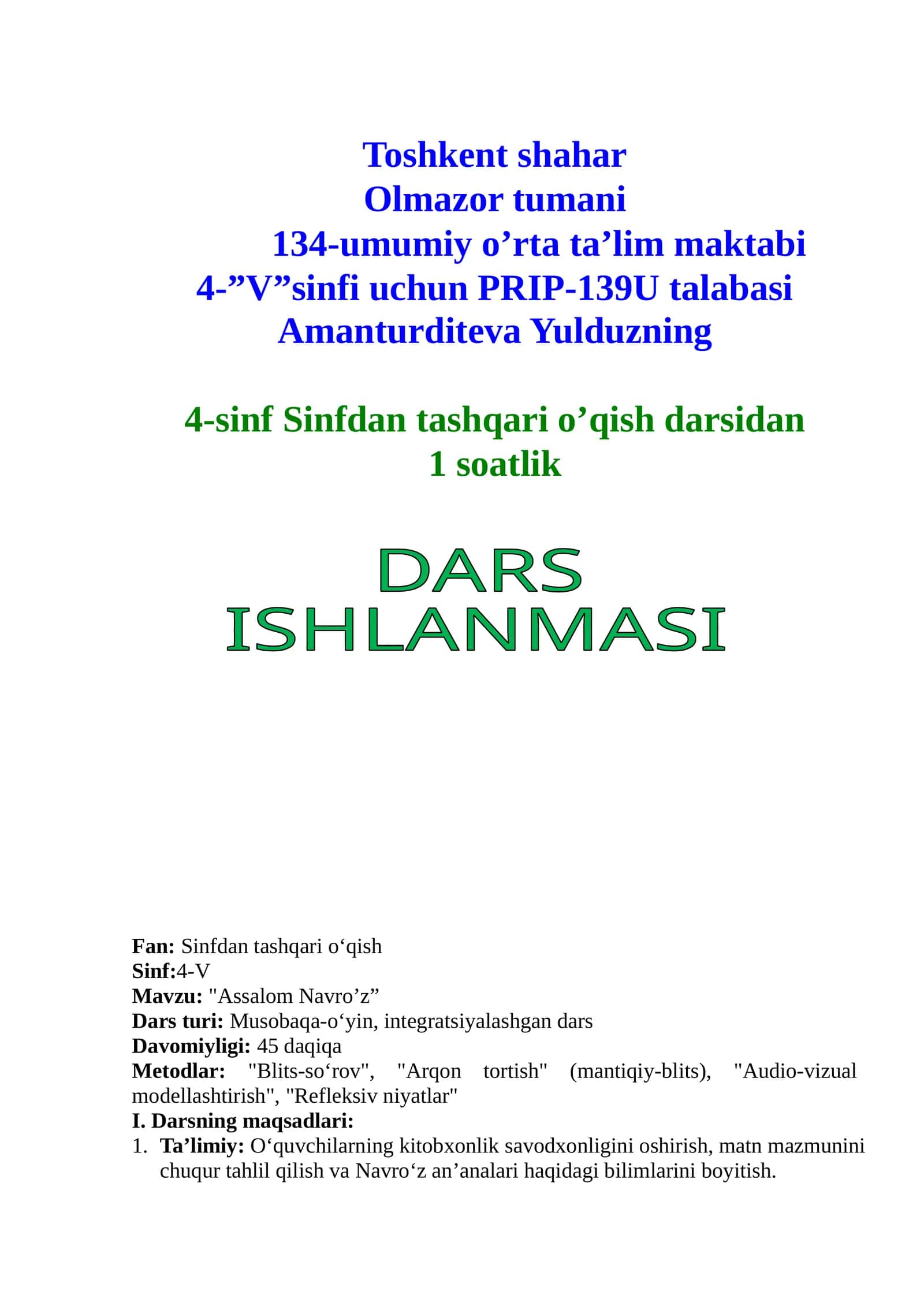 Amanturditeva Yulduzning 4-sinf Sinfdan tashqari o’qish darsidan 1