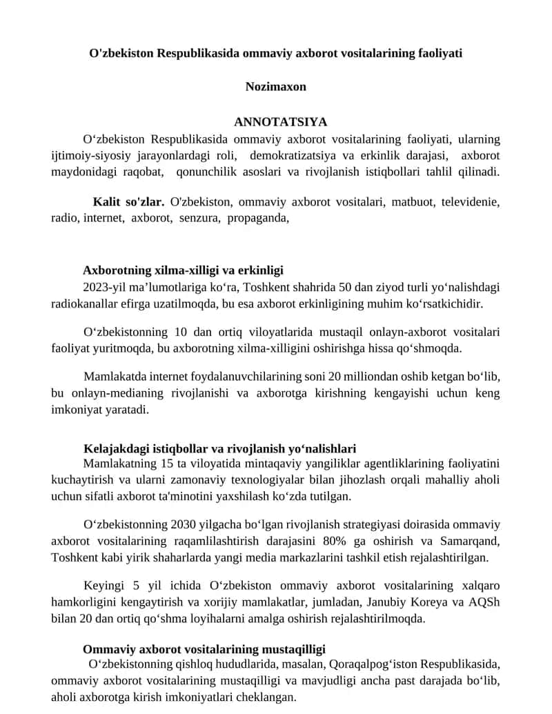 O'zbekiston Respublikasida ommaviy axborot vositalarining faoliyati 1