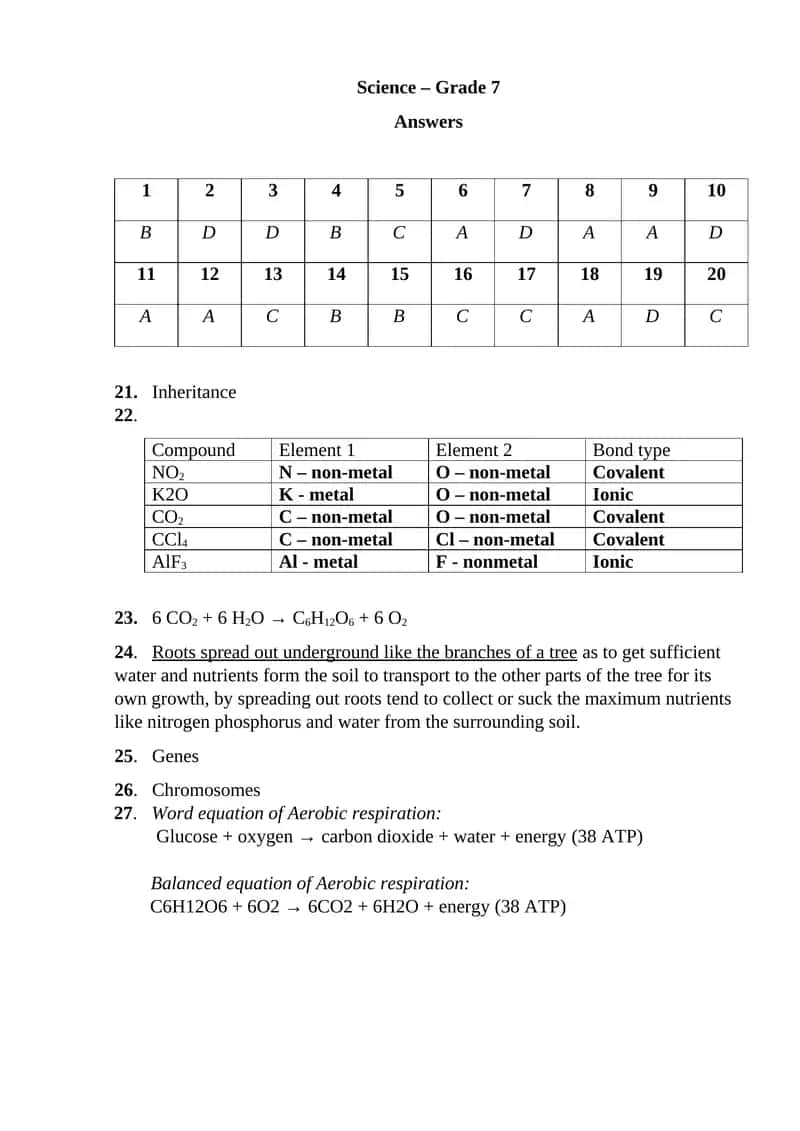 Science – Grade 7 Answers 1