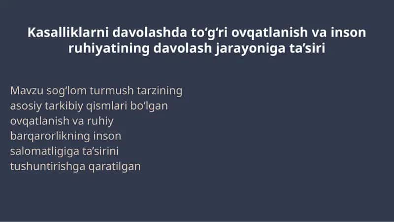 Kasalliklarni davolashda to‘g‘ri ovqatlanish va inson ruhiyatining davolash jarayoniga ta’siri 1