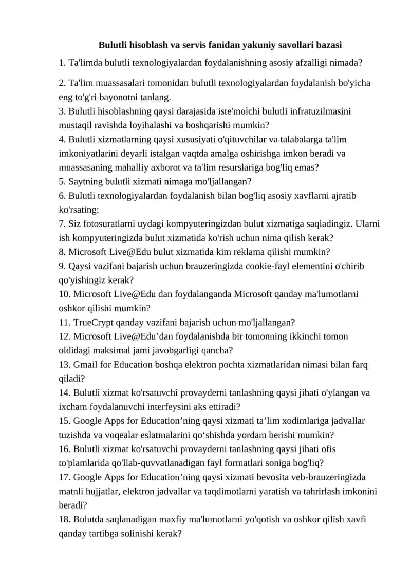 Bulutli hisoblash va servis fanidan yakuniy savollari bazasi 1