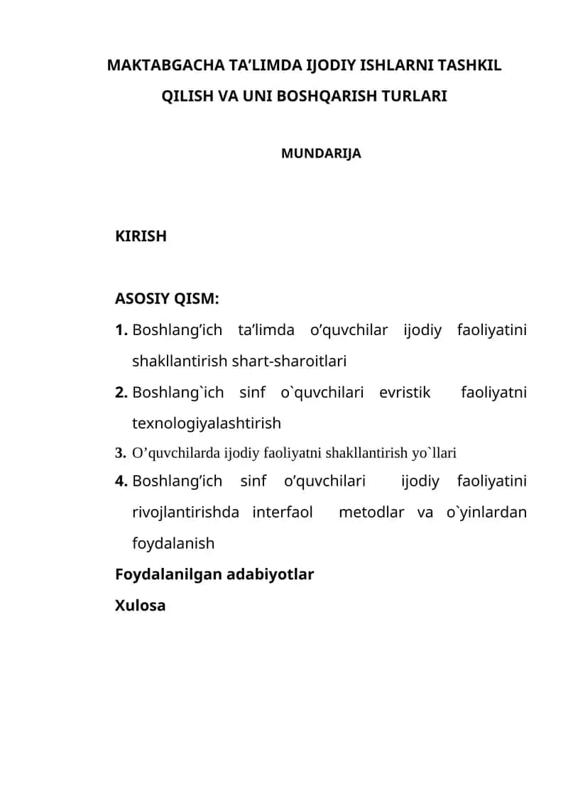 MAKTABGACHA TAʼLIMDA IJODIY ISHLARNI TASHKIL QILISH VA UNI BOSHQARISH TURLARI 1