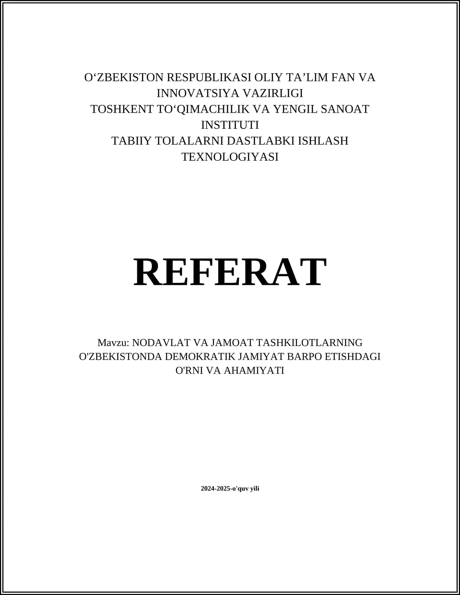 NODAVLAT VA JAMOAT TASHKILOTLARNING O'ZBEKISTONDA DEMOKRATIK JAMIYAT BARPO ETISHDAGI O'RNI VA AHAMIYATI 1