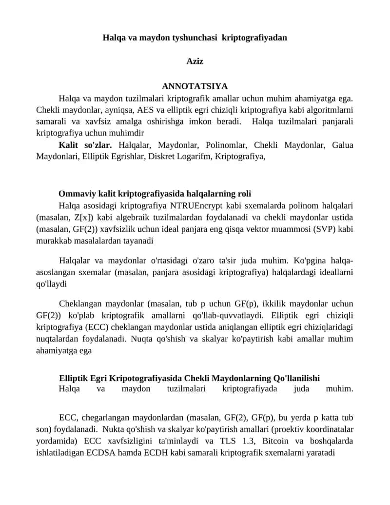 Halqa va Maydon Tyshunchasi Kriptografiyadan 1