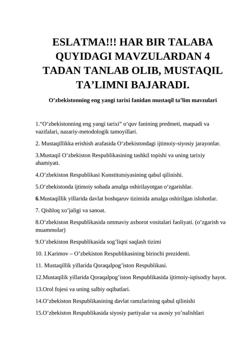 O’zbekistonning eng yangi tarixi fanidan mustaqil ta’lim mavzulari 1