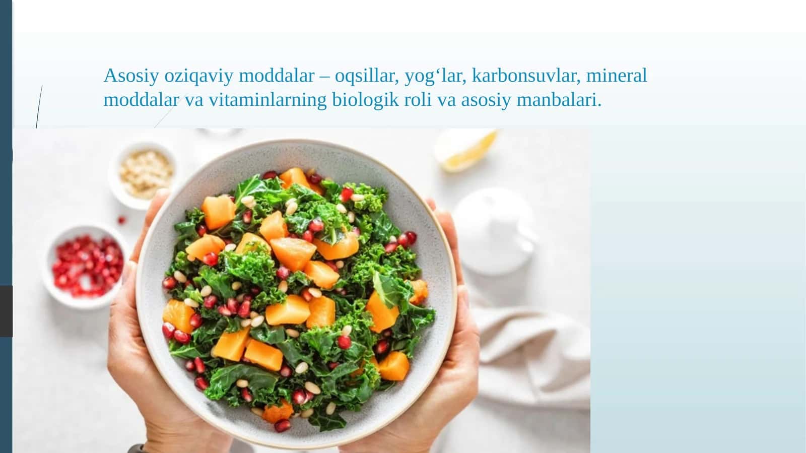 Asosiy oziqaviy moddalar – oqsillar, yog‘lar, karbonsuvlar, mineral moddalar va vitaminlarning biolo 1