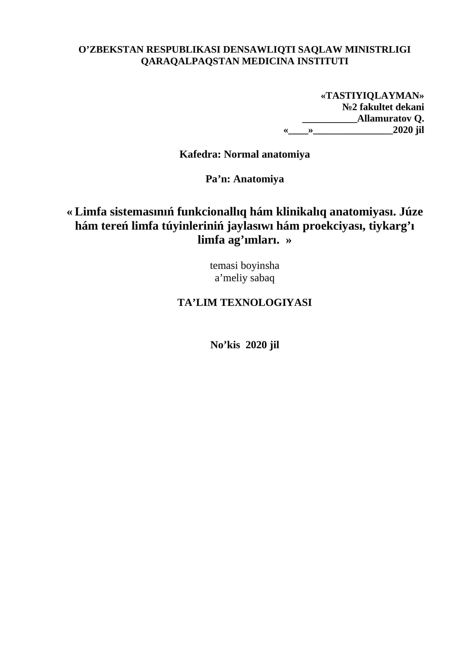 Limfa sistemasınıń funkcionallıq hám klinikalıq anatomiyası 1